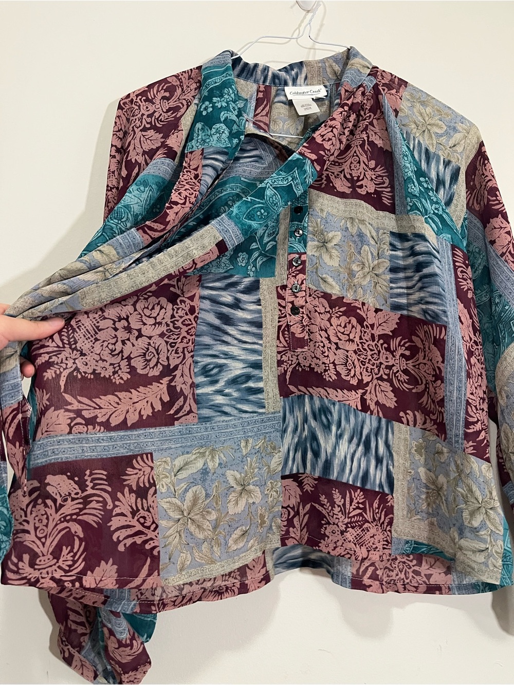 Coldwater Creek XL Patchwork Blouse Red Blue Tie Scarf Neck Long Sleeve Floral - Picture 10 of 16